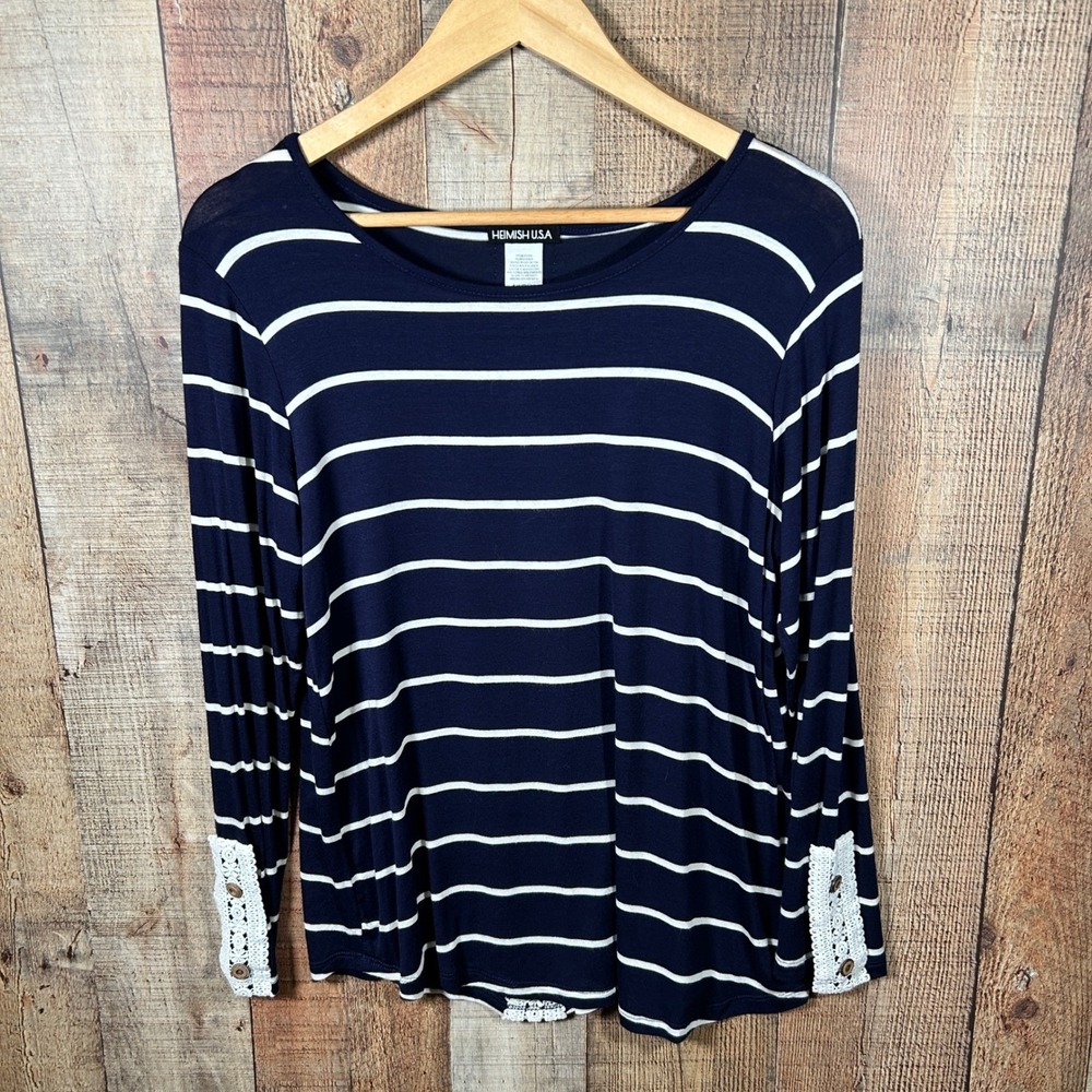 Heimish Navy Blue White Striped Crochet Lace Long Sleeve Top Small Coastal